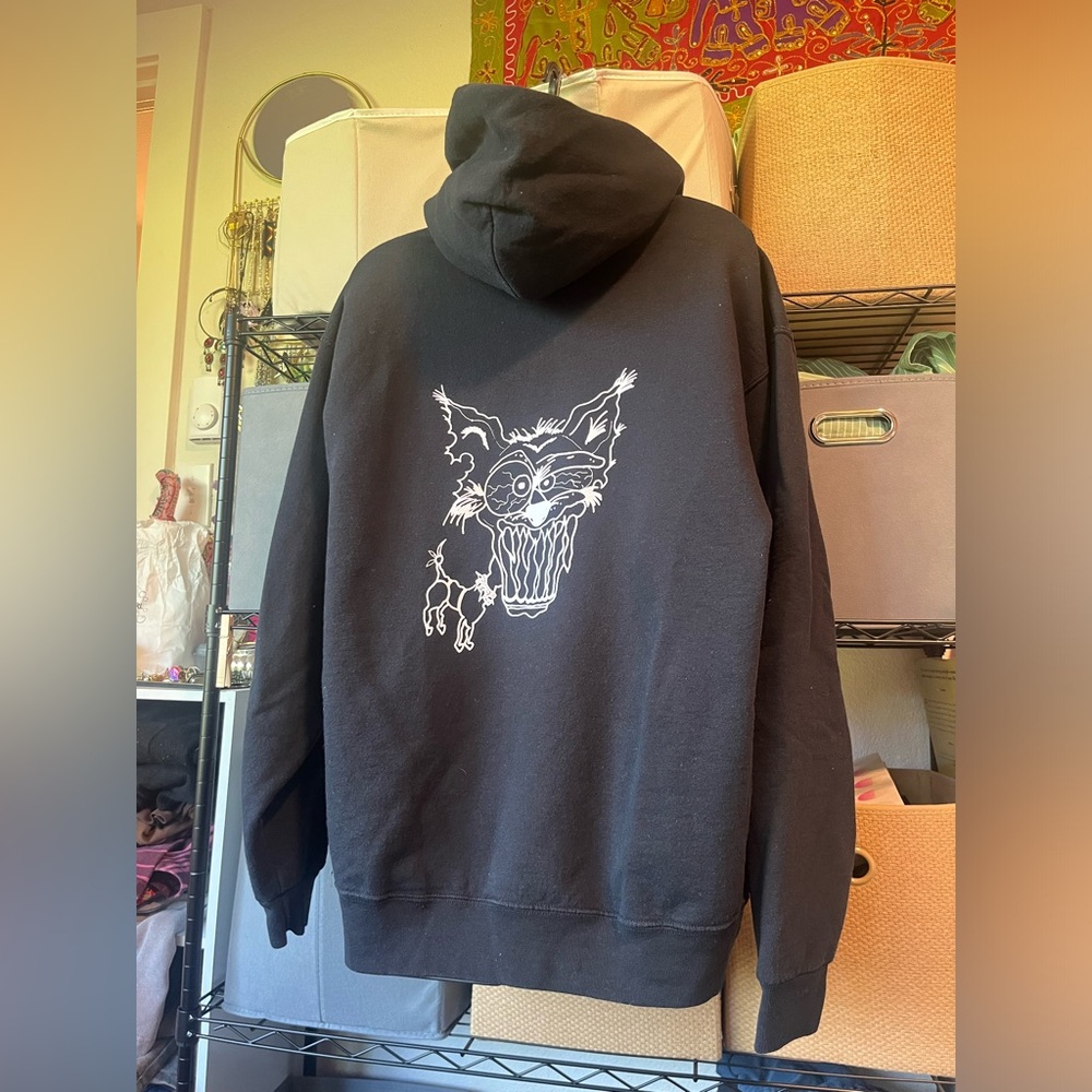 Black Graphic Hoodie Sweatshirt with White Scary Fox Design